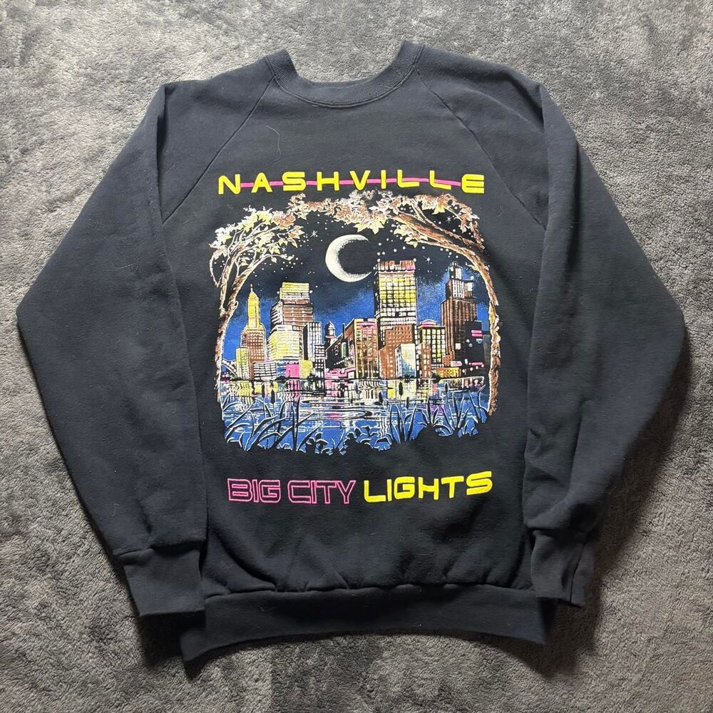90s Nashville Big City Lights Puffy Graphic Crewneck Sweatshirt L USA fruit loom
